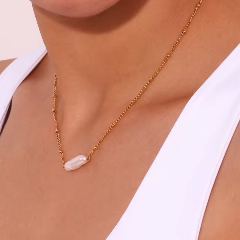 18K Gold Plated Baroque Pearl Necklace*Satellite Bubble Ball Chain Dainty*MJ - Picture 3 of 4